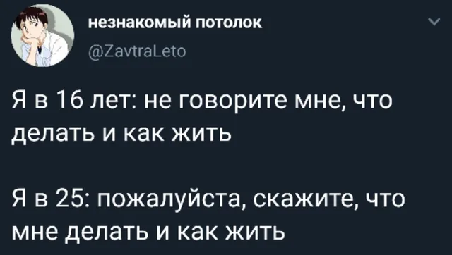 Скриншот твита с текстом, сравнивающим отношение к жизни в 16 и 25 лет — автор поста