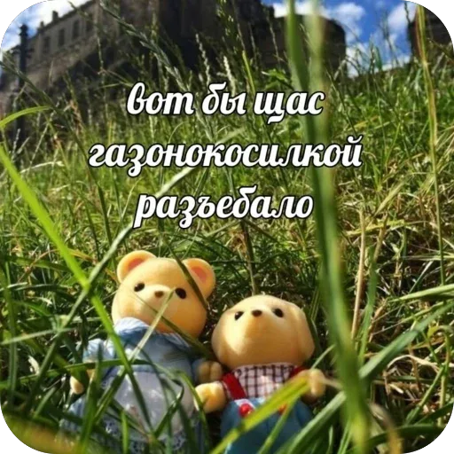 Фигурки неподвижно лежат в траве, создавая контраст между своей миловидностью и агрессивным текстом.