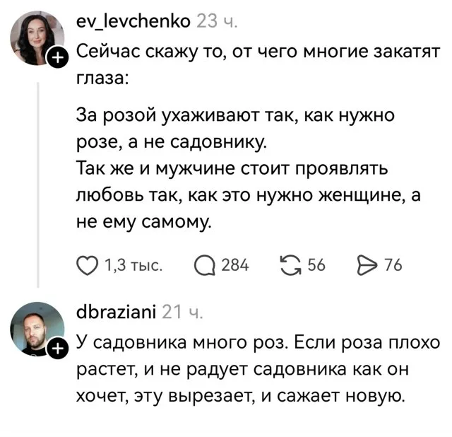 Статичное изображение текста переписки. — женщина с темными волосами (ev_levchenko), мужчина с короткой стрижкой и щетиной (dbraziani)
