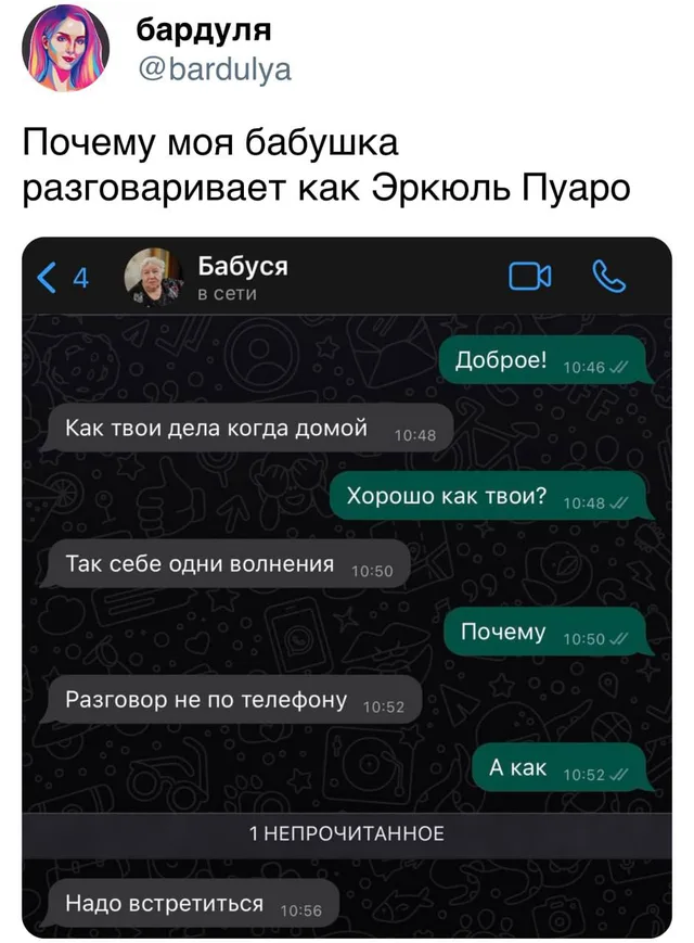 Скриншот переписки в WhatsApp, где бабушка отказывается обсуждать дела по телефону и требует личной встречи — автор поста бардуля, бабушка в