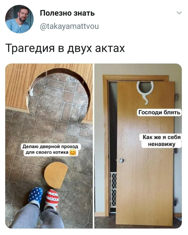 Человек выпилил отверстие в двери, но при установке перепутал верх и низ, закрепив вырезанный кусок в верхней части проема. — автор поста