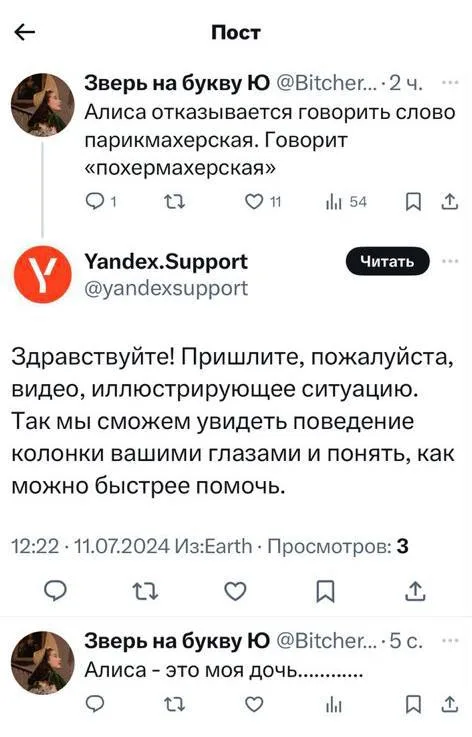 Пользователь пишет твит о проблеме с «Алисой», получает шаблонный ответ от поддержки, после чего уточняет, что «Алиса» — это его ребенок, а 