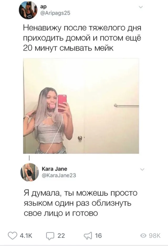 Статичное изображение переписки в твиттере с селфи. — девушка с селфи, автор твита @Aripags25, комментатор @KaraJane23