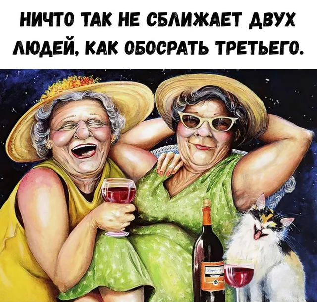 Женщины сидят с бокалами вина, общаются и смеются, кошка рядом вторит их настроению. — две пожилые женщины, кошка