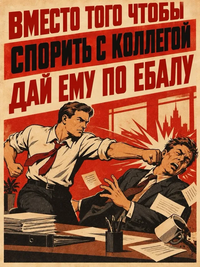 Персонаж бьет кулаком коллегу, отчего вокруг летят бумаги, а чашка с кофе падает и разливается