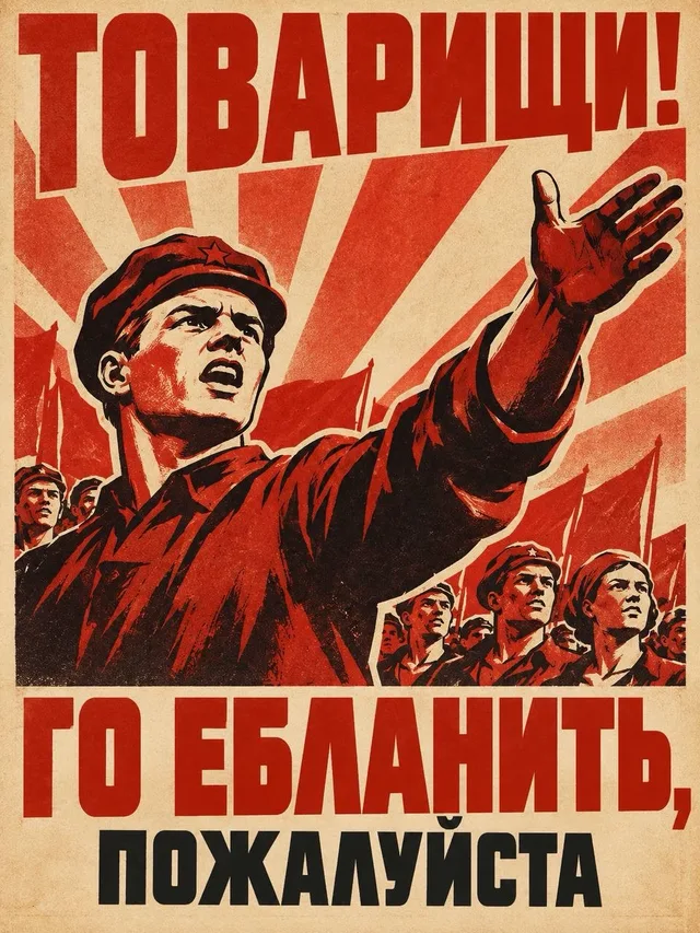 Статичное изображение плаката с пафосным советским стилем и абсурдным современным интернет-призывом
