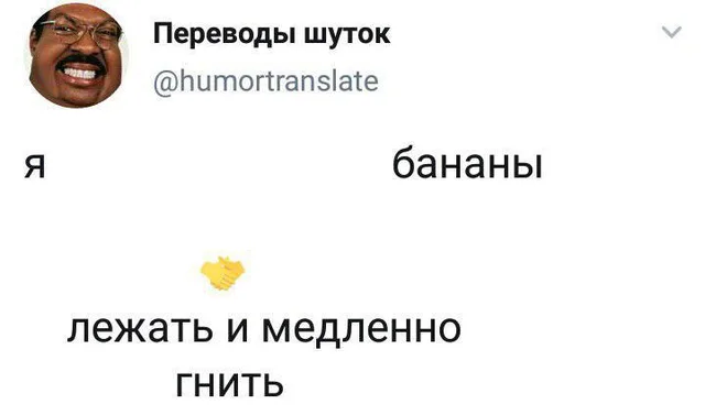Скриншот твита: слева слово «я», справа «бананы», между ними эмодзи рукопожатия, снизу текст «лежать и медленно гнить» — Мужчина с усами и в