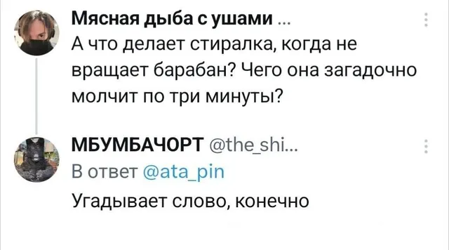 Статичное изображение текста переписки. — автор поста с ником Мясная дыба с ушами, автор ответа с ником МБУМБАЧОРТ