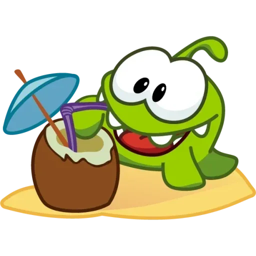 Зелёный монстр Om Nom лежит на песке и пьёт напиток из кокоса с трубочкой и зонтиком