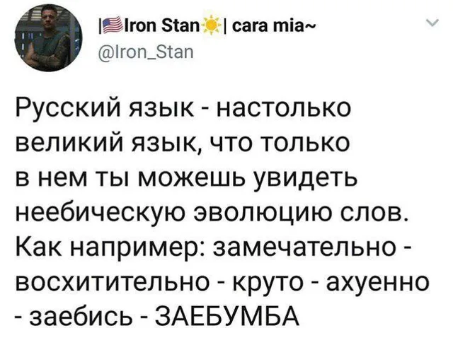 Скриншот твита с текстом о величии русского языка и примерами слов — мужчина с татуировками на аватарке