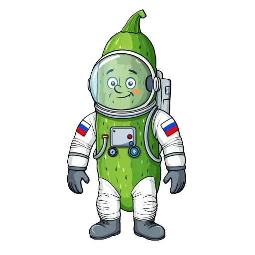 Стоит прямо, улыбается, на плечах скафандра нашивки с флагом России