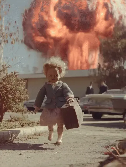 кукла идет на фоне взрыва с чемоданом сумкой по улице