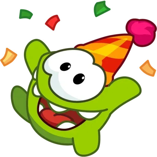 Зеленый монстр Om Nom в оранжевом колпаке радостно улыбается, вокруг летают конфетти и конфеты
