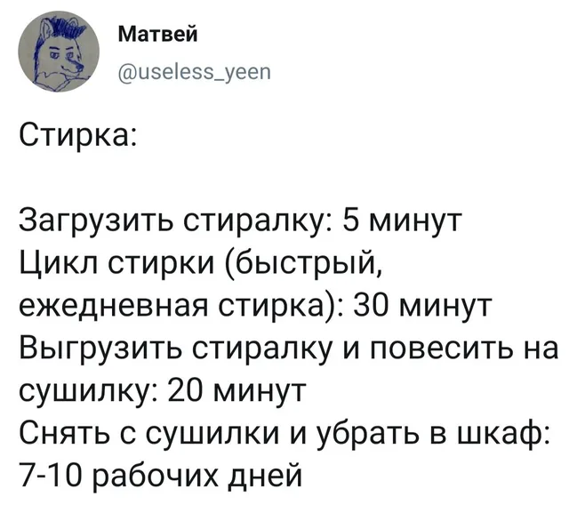 Скриншот твита со списком этапов стирки и указанием времени на каждый