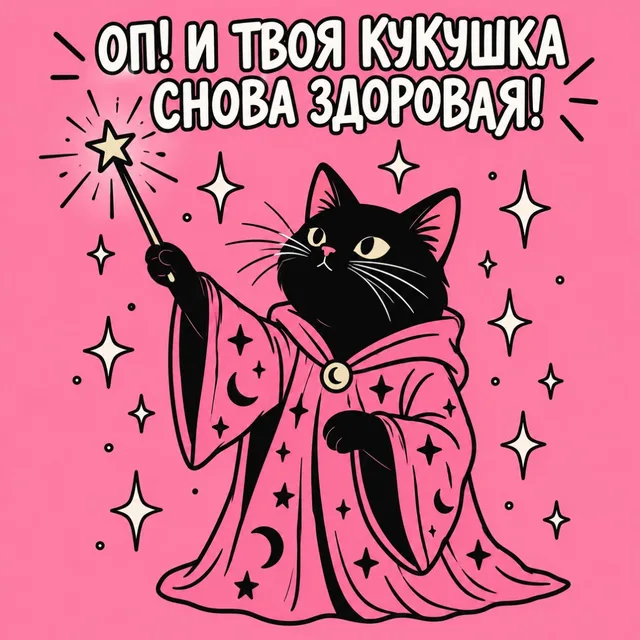 Кот держит волшебную палочку, вокруг летают звезды и искры — черный кот-волшебник