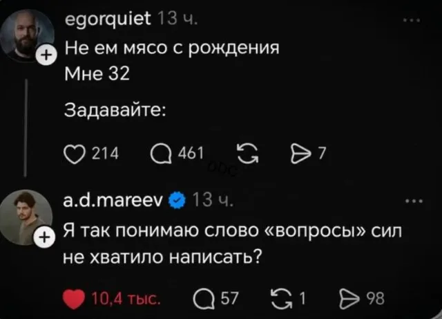 Статичное изображение интерфейса соцсети с двумя текстовыми блоками — egorquiet