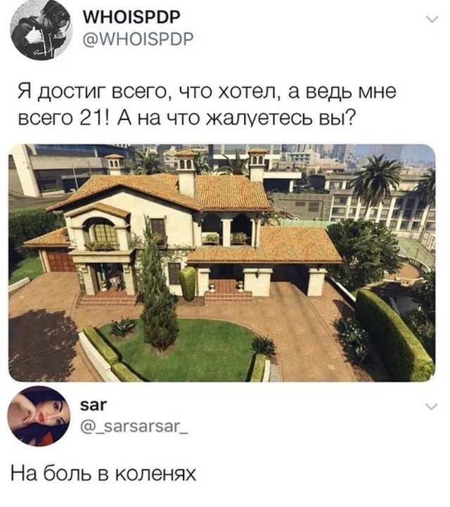 Скриншот переписки в твиттере: сверху вопрос о достижениях с фото дома из игры, снизу ответ про боль в коленях — автор поста, автор коммента