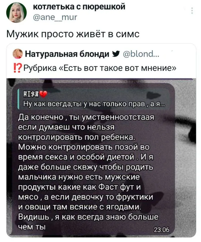 Статичное изображение текста переписки. — автор поста в Twitter, автор сообщения в мессенджере