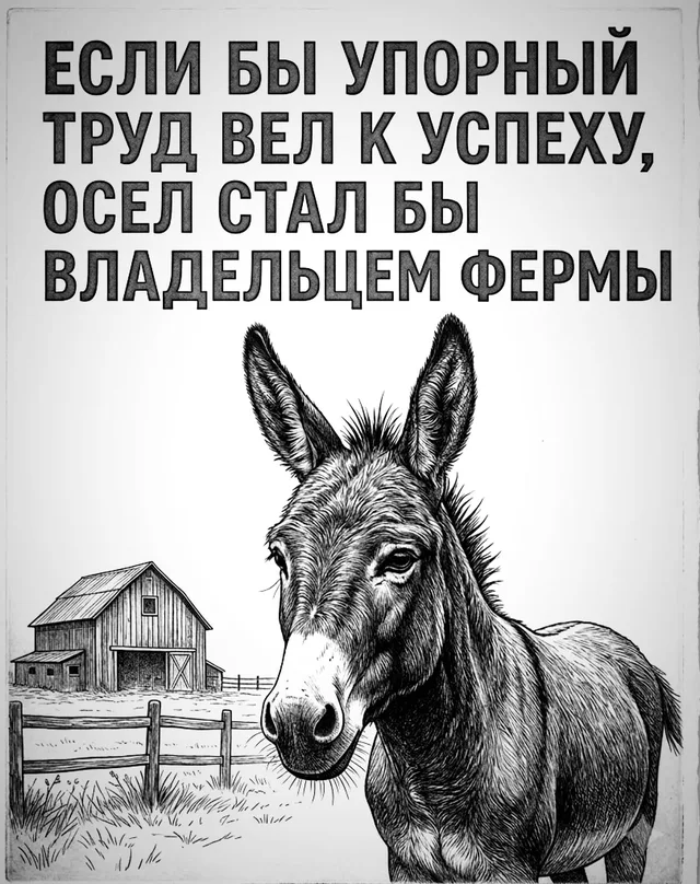 Статичное изображение ослика на фоне фермы с текстом сверху — осел