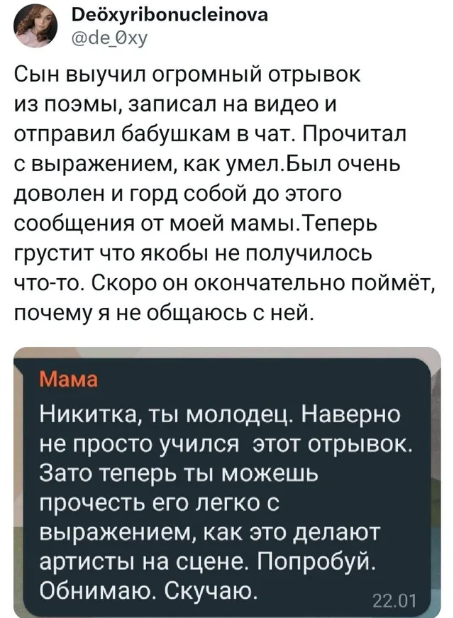 Текст поста описывает ситуацию, скриншот сообщения от бабушки визуально подтверждает её токсичность. — автор поста, бабушка (автор сообщения