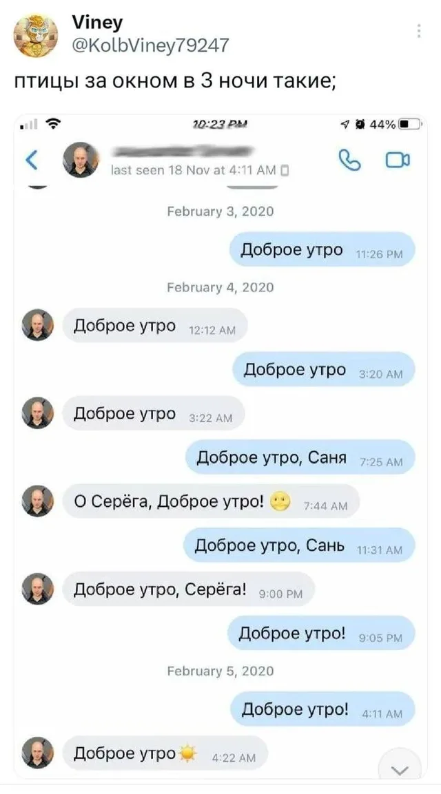 Прокрутка переписки, состоящей из череды сообщений «Доброе утро» в разное время суток. — мужчина с лысиной на аватарке