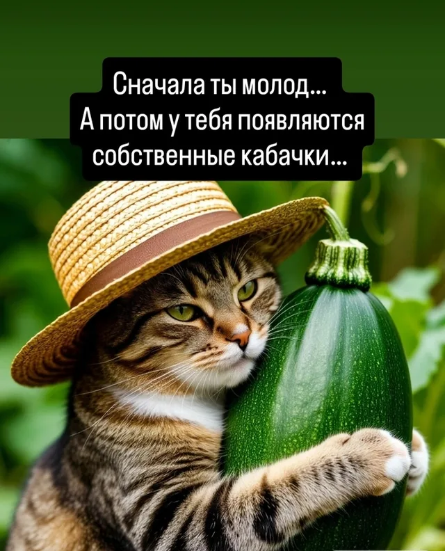 Кот прижимает кабачок к себе, как будто это любимая игрушка или ценный трофей. — кот в соломенной шляпе
