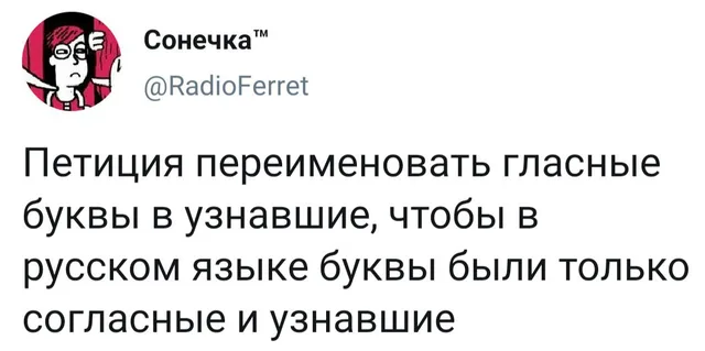 Скриншот твита с текстом петиции о переименовании гласных букв — Автор поста Сонечка™