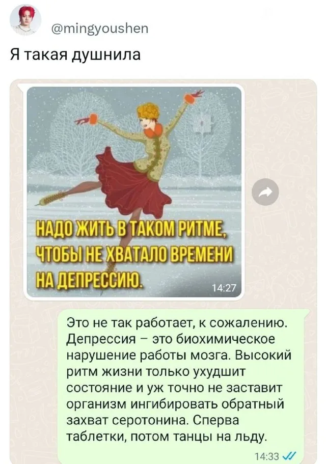 Скриншот переписки: сверху мотивационная картинка с конькобежкой, снизу длинное сообщение с медицинским опровержением — автор поста с красны