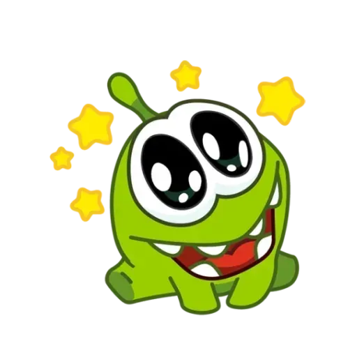 Зеленый монстр Om Nom бежит вперед с широкой радостной улыбкой, на фоне желтые полосы скорости и звезды