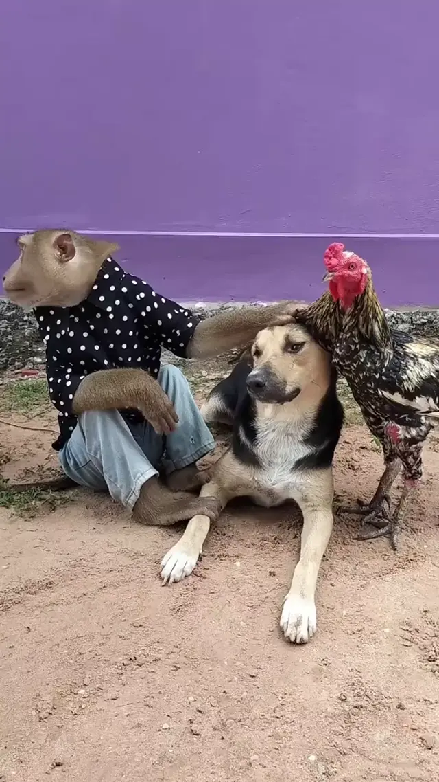 Обезьяна мирит собаку и петуха