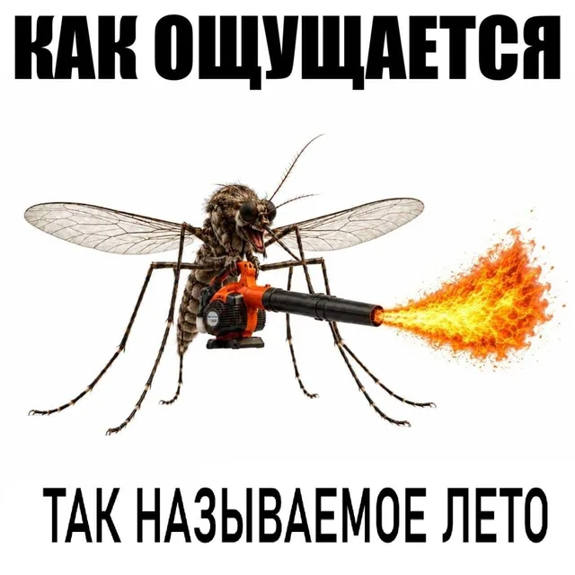 Огромный комар держит в лапках огнемет, из которого вырывается пламя.