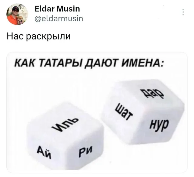 Статичное изображение, демонстрирующее шуточную механику выбора татарских имен с помощью кубиков. — автор поста Eldar Musin