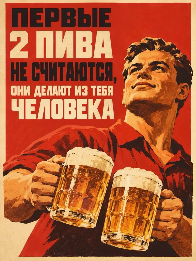 Мужчина уверенно протягивает вперед две пенные кружки пива на фоне красного плаката с текстом — мужчина с пивом
