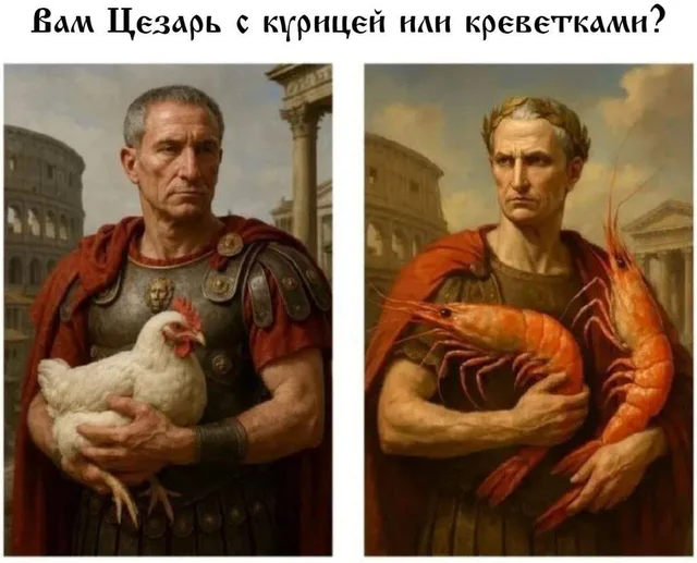 Персонаж стоит в двух разных вариантах, демонстрируя выбор ингредиента для салата «Цезарь». — Гай Юлий Цезарь