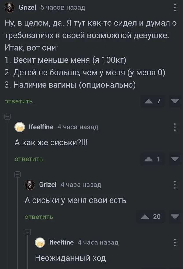 Пользователь Grizel перечисляет требования к девушке, включая опциональное наличие вагины, а на вопрос о груди отвечает, что у него есть сво