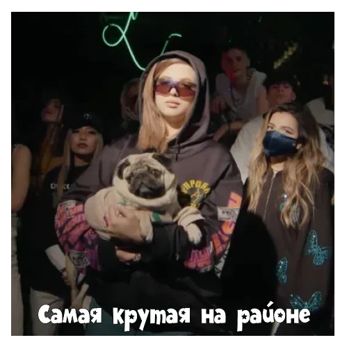 Девушка стоит в центре группы людей, удерживая собаку на руках, статичный кадр — девушка в худи и очках