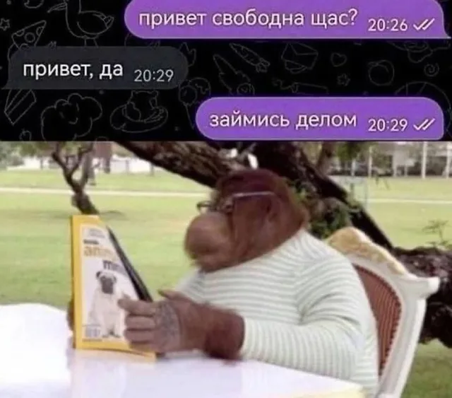 Орангутан держит журнал и делает вид, что читает его, сидя за столом. — орангутан в очках